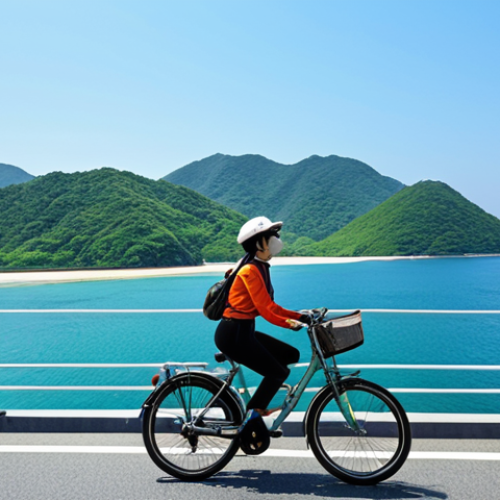 Home 13 A joyful solo traveler cycling across the iconic Seonyugyo Bridge on Seonyudo Island, with the vast emerald sea stretching to the horizon and distant islands under a clear blue sky. A ferry, gently cutting through calm waters, is visible in the background, signifying arrival and a sense of freedom.