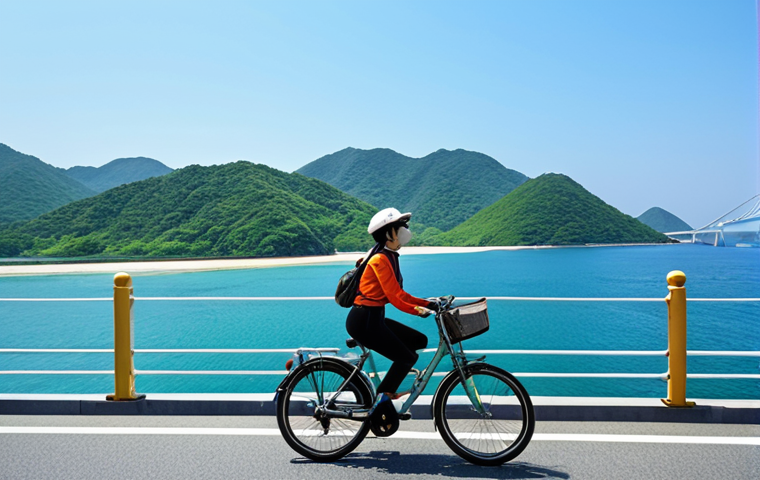 A joyful solo traveler cycling across the iconic Seonyugyo Bridge on Seonyudo Island, with the vast emerald sea stretching to the horizon and distant islands under a clear blue sky. A ferry, gently cutting through calm waters, is visible in the background, signifying arrival and a sense of freedom.