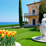 **Venus Garden, Oedo Botania:** White sculptures, lush green lawn, Mediterranean architecture, vibrant flowers (tulips, daffodils in spring), blue sky, sea backdrop, perfect for a scenic photo.