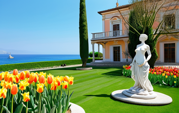 **Venus Garden, Oedo Botania:** White sculptures, lush green lawn, Mediterranean architecture, vibrant flowers (tulips, daffodils in spring), blue sky, sea backdrop, perfect for a scenic photo.